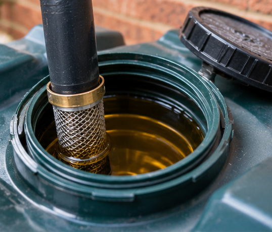 A heating oil tank being filled from a delivery hose