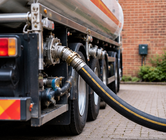 An oil tanker's delivery hose connected and ready to fill a tank